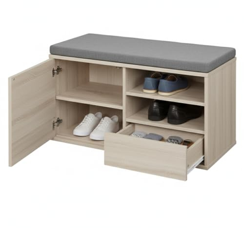 MAKA Scarpiera Panca Ingresso con Seduta, Portascarpe con Cuscino Imbottito L80xP35xA46, Capacità Seduta 200 Kg, Scarpiera con Scomparti a Scaffale, Legno Resistente (Rovere)