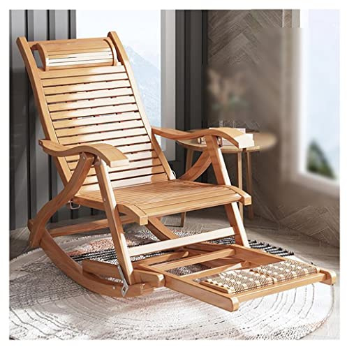 LMMIAMZ Footstool Folding Wooden Deck Chair, Indoor Chaise Longue with armrests, Portable Wooden Rocker with 5-Way Adjustable fold-up Lounger with footrest and Foot Massage for Balcony and Garden