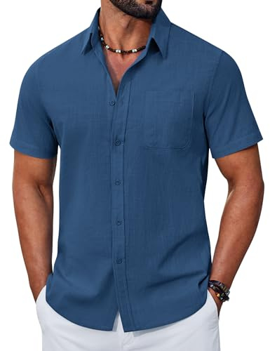 COOFANDY Camicia Uomo a Maniche Corte in Cotone Estiva Regular Fit Camicie Casual con Tasche Blu Scuro L