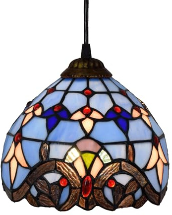 IDHBGJD Lámpara de Techo Estilo Tiffany, lámpara Colgante de vidrieras de 8 Pulgadas, decoración Vintage barroca Azul, lámpara Colgante para Cocina, Isla, Comedor, Sala de Estar, Dormitorio, Pasillo