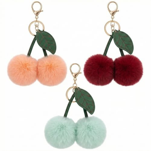 LEOEZYA 3 Pièces Porte Clé en Peluche Cerise,Bijoux de Sac a Main Femme,Doux,Moelleux et Inodores,Parfaits Pour Décorer Sacs à Main,Sacs à Dos,Valises et Clés de Voiture