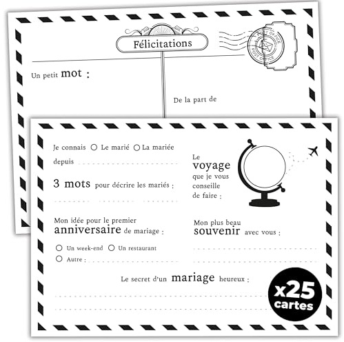 Tarjetas de recuerdo Boda Libro de visitas – Postales vintage en blanco y negro – para rellenar por los invitados – Preguntas y anécdotas sobre la pareja – Decoración de boda Original (25 tarjetas)