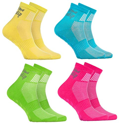 Rainbow Socks - Niño Niña Deporte Calcetines Antideslizantes ABS de Algodón - 4 Pares - Amarillo Turquesa Verde Rosa - Talla 24-29