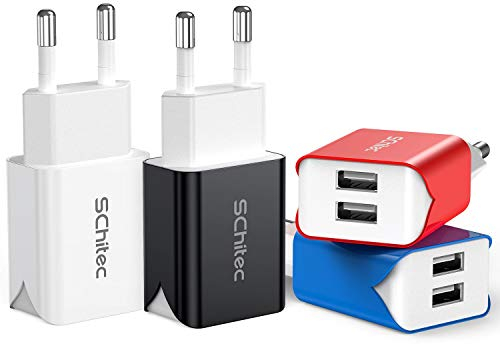 SCHITEC Chargeur USB 2 Ports, 4 Pack 5V / 2.1A Chargeur Secteur USB Adaptateur Chargeur Mural USB Universel Compatible avec iPhone XS/XR, Huawei P30 P20, Samsung Galaxy Note S9 Tablette et Plus