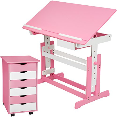 tectake® höhenverstellbarer Schreibtisch, Kindertisch, Kinderschreibtisch höhenverstellbar und neigbar mit Schreibtisch Zubehör Rollcontainer mit Schubladen, Kinderzimmer Möbel, Jugendzimmer - pink