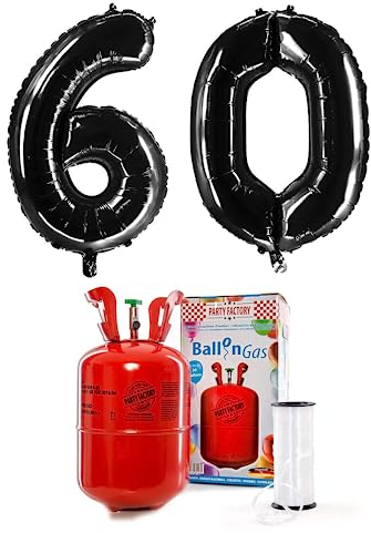 Party Factory – Helium Gasflasche 200L im Set mit XXL Zahlenballon 60 Schwarz – Partydeko Ballongas Flasche mit Folienballon & 40 m weißer Ballonschnur – Einwegflaschen mit Knick-Füllventil