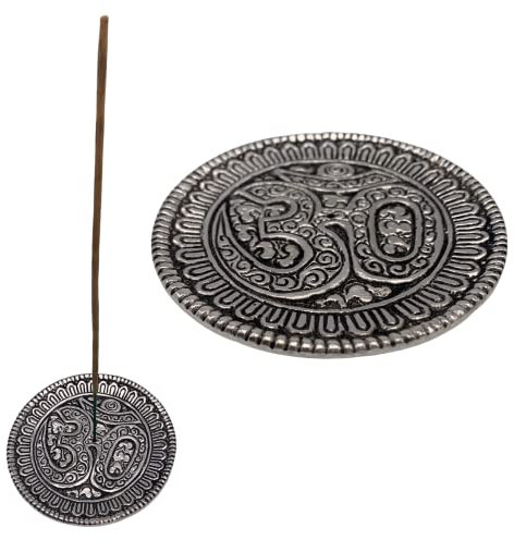 Quemador de Incienso (incensario). Incienso Soporte Redondo de Aluminio. Diseño Om. Hecho a Mano en India.