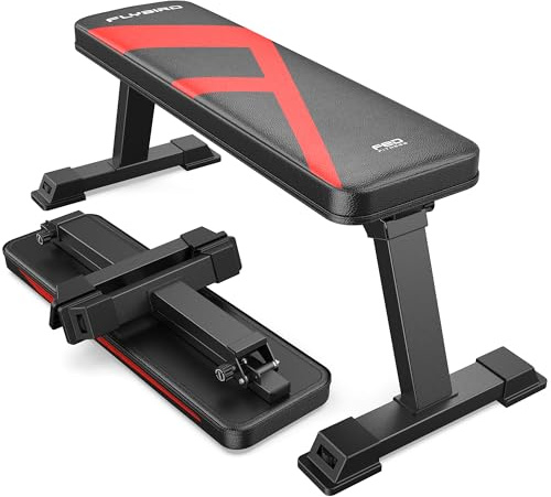 FLYBIRD Foldable Flat Weight Bench For Home Gym, Sturdy Strength Training Workout Bench, Space-saving Bench Press Flat Exercise Bench, Easy to Assemble (A-Red)