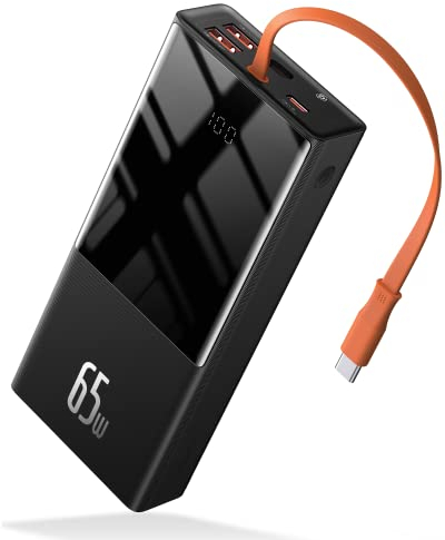Baseus Powerbank 65W per Laptop, 20000mAh Powerbank USB C, Cavo USB-C Integrato, Batteria Esterna QC 3.0 con 4 Uscite per Lenovo, HP, Dell, MacBook Pro, iPhone, Samsung