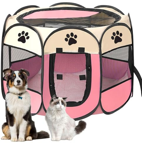 Lighterday Tragbarer Welpenauslauf,Welpenlaufstall Hundebox Faltbar Katzengehege,Wasserdichtes Oxford-Tuch Laufstall Hund,Katzenkäfig Hundekäfig für Katzen,Hunde,Kaninchen (Rosa, S, 8)