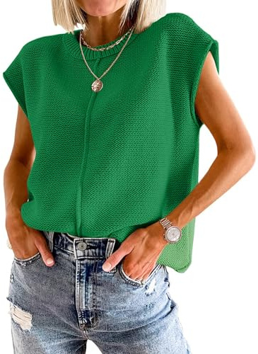 Jhsnjnr Women's Sleeveless Summer Sweater Tops Crew Neck Pullover Tank Tops Elegant Loose Cap Sleeve Knitted Jumper Green