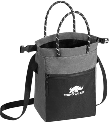 Rhino Valley Chalk Bag for Rock Climbing, No Leak Magnetic Climbing Chalk Bag with Handle, Climbing Chalk Bucket Gear with Adjustable Belt Zipper Pockets for Cross Fit, Weight Lifting, Gray/Black