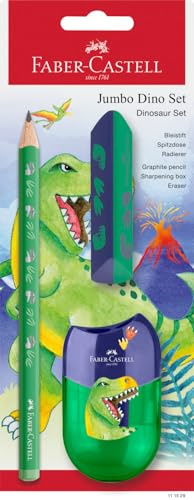 FABER-CASTELL 111529 - Set de escritura Dino con lápiz jumbo, sacapuntas y goma de borrar, set escolar para niños