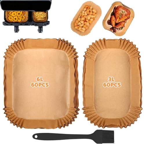 120 Airfryer Backpapier - Kompatibel mit Tefal Philips Airfryer 3000 Zubehör - Rechteckig Air Fryer Heissluftfritteuse Papier für Dual Basket Zubehör Philips - Zwei Größen 6L+3L (60 +60 Stück)