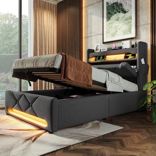 ZYLOYAL10 Sängklädselsäng med USB L-E-D dubbelsäng med ribbotten av metallram, sängram av linnematerial, ungdomssäng, (grå – B, 90 x 200 cm)