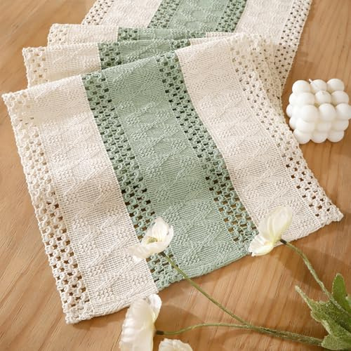 Tischläufer Eukalyptus Grün Makramee Boho Baumwollflachs Tischband 30 X 140 Häkelspitze Mesh Landhausstil Waschbar Läufer Tisch Modern Böhmische Dekoration für Küche Hochzeit Tabletop Dekor