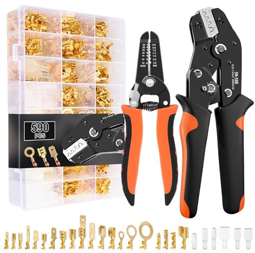 Set Capicorda con Pinze a Crimpare, 590 Tipi [0,25-2,5 Mm²], Set Capicorda Elettrici,Prese Piatte,Pinze a Crimpare Autoregolanti, Terminali per Cavi da 0,25-1,5 Mm²,Pinzes a Crimpares per il fai da te