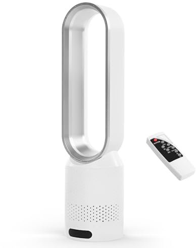 Eznaobo Tower Fans with Air Purifier, 2 in1Bladeless Fan with Remote Control, 8 Speeds, 90° Oscillation, Timer, Standing Tower Fan, Super Quiet Air Cooler for Home and Office (Silver)