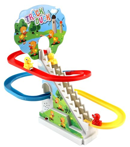 Pista Giocattolo Salita delle Scale Elettrica con Luci Suoni Musica Luminoso Pista Corsa Felice Paperetta Pista Bambini Cani Pinguini Montagne Russe Arrampicata Scalatore Trenini Slide Race Led (A)