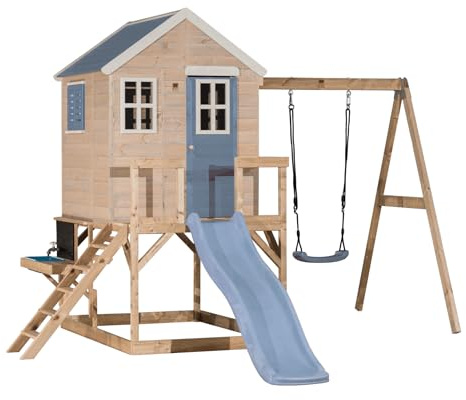 Wendi Toys M24PB-K lekhus trä -FSC med rutschkana och gunga – stylhus trädgård barn utomhus 330 × 350 × 242 cm – med kök, kran och sandbassäng, väderbeständig, blå
