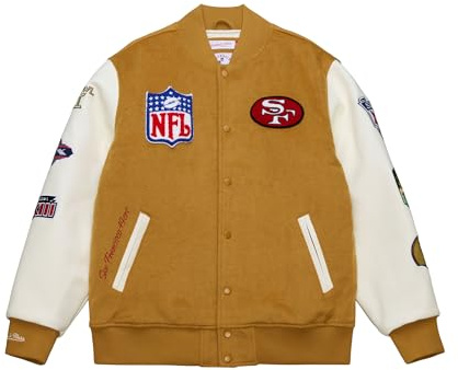Mitchell & Ness NFL Dusted Collection Varsity College-jacka, knapplist, vår, höst, vinter, retro, övergångsjacka, amerikansk stil, retrolook, ockrabrun, San Francisco 49ers, XL