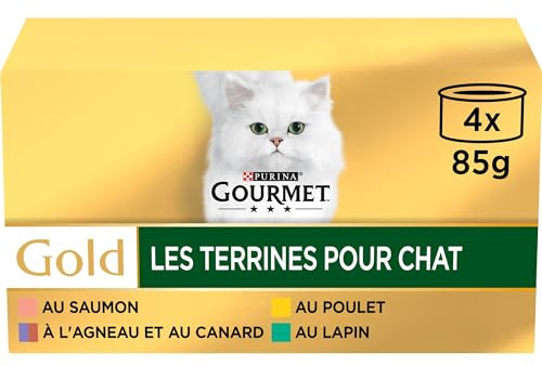 Gourmet | Gold | Les Terrines | Aliment Complet pour Chat Adulte | Au Saumon, A l'Agneau, Au Canard, Au Poulet, Au Lapin | Boîtes | Lot de 24 (4 x 85g)