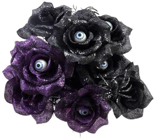 Haunted House 6 Stem Black and Purple Rose Bushes with Spiders and Eyeballs 14in (2) (Purple & Black)