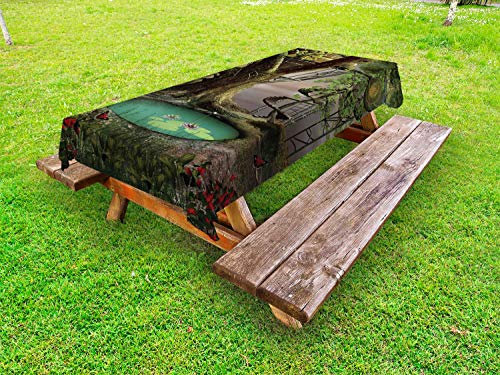 ABAKUHAUS Arbre Nappe Extérieure, Arbre enchanté Fort étang, Nappe de Table de Pique-Nique Lavable et Décorative, 145 cm x 305 cm, Vert Brown Jade Vert