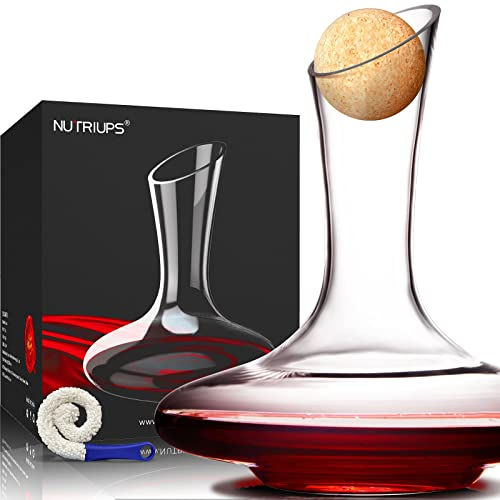 NUTRIUPS Decantador Para Vino, 1,8L Decantador Vino, Jarra de Vino Tinto, Jarra de Vino, Jarra Vino, Decantador Vino Cristal, Jarra de Vino Sin Plomo con Tapón y Cepillo de Limpieza