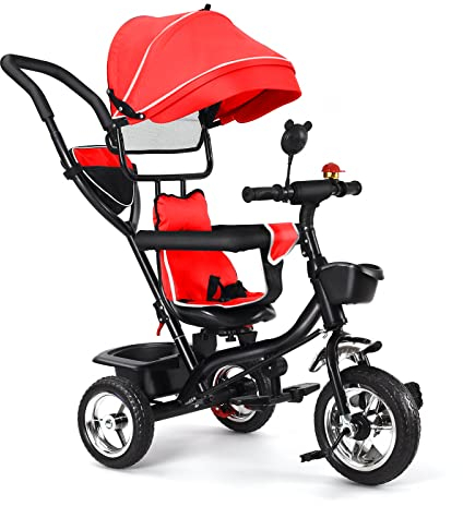 TureFans Dreirad, Dreirad ab 1 Jahr mit schubstange, 3 in 1, explosionsgeschützte Gummireifen, kein Aufpumpen erforderlich+verstellbare Markise und Push-Pull-Stange