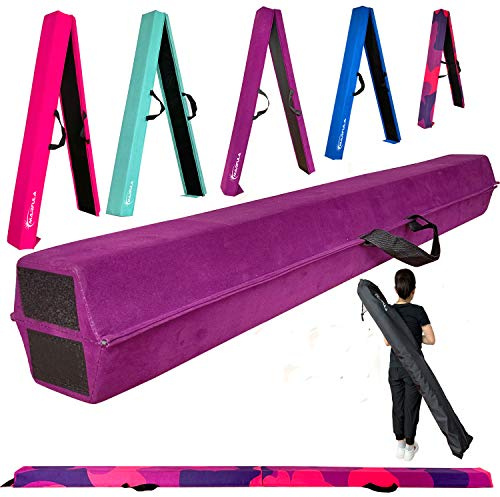 Marfula Barra de equilibrio plegable de espuma para gimnasia, extra firme, cubierta de gamuza, parte inferior antideslizante con bolsa de transporte para niños y adultos (morado, 6 pies)
