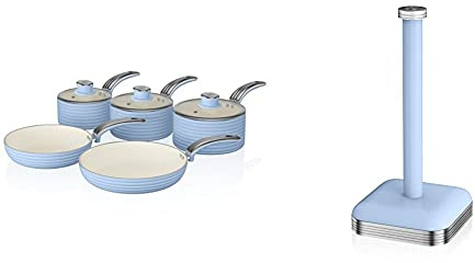 Swan SWPS5020BLN Retro Induction Pan Set, Non Stick Ceramic Coating, Blue, 5 Piece,16/18/20 cm Saucepans, 20/28 cm Frying Pans & SWKA1040BLN Retro Kitchen Roll Holder with Steel Weighted Base, Blue