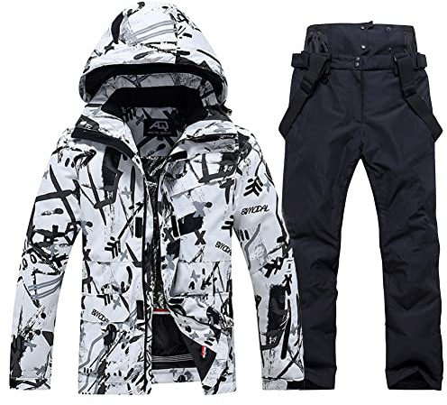 WOWULOVELY Men's Winter Snowsuit Waterproof Windproof Mountain Jacket and Pant Sets Insulated Snowboarding Skisuit (BBW,Black L)