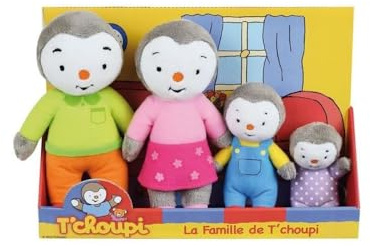 JEMINI 024229 T'CHOUPI Coffret Famille 4 Peluches +/- 19 CM : Papa, Maman, T'Choupi et Fanny, Noir/Blanc