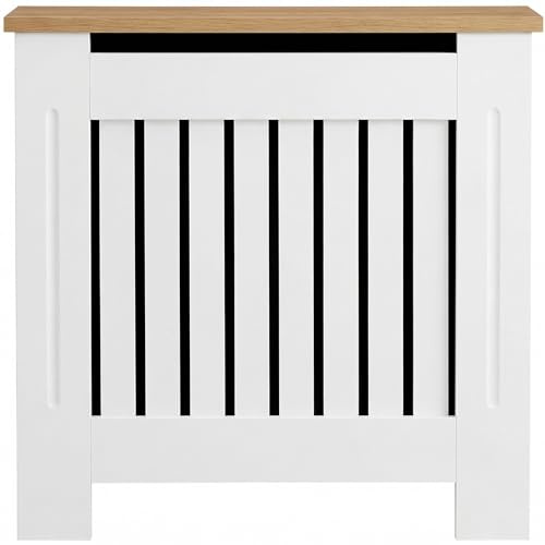 Blisswood Radiator Cover Vertical Pattern Slatted Radiator Covers MDF Wood Heating Covers Wood Top Shelf For Living Room Home Bedroom (White, Small)