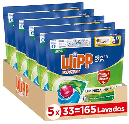 Wipp Express Power Caps Higiene y Antiolores Detergente en Cápsulas para Lavadora (pack de 5; total: 165 dosis), Limpieza Profunda, Eficaz en agua fría