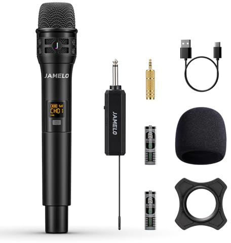 JAMELO Drahtloses Mikrofon, Wireless Microphone mit wiederaufladbarem Empfänger, Professionelles kabelloses Mikrofonsystem für Karaoke-Maschine, Luatsprecher, Gesang, Hochzeit, DJ, Ansprache, Kirche