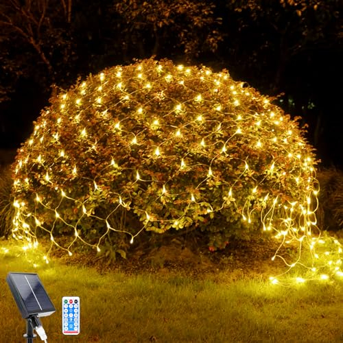 WoskjXas Solar LED Net Lights, 96 LED Mesh Fairy Lights, 8 Modes, 4.9 Ft x 4.9 Ft Garden Net Curtain Light, Remote Control, Waterproof - Ideal for Balcony Fence Christmas Decor (1.5M*1.5M, Warm White)