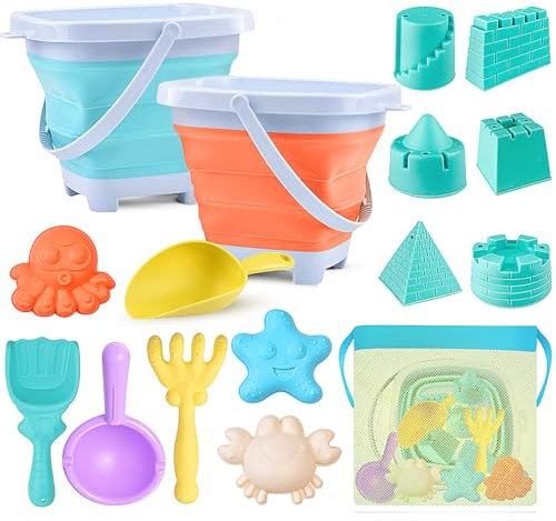 YZNlife Beach Sand Toys Kids Toddlers,16 PCS Sand Pit Toys with Collapsible Bucket and Spade Beach Set Kids Toddler Beach Toys
