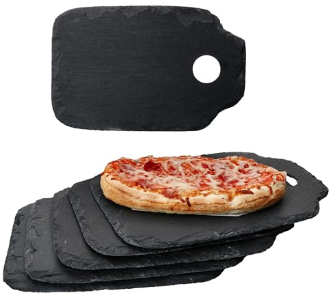 Ritzenhoff & Breker Set di 6 piatti rotondi in ardesia, 26 x 16,5 cm, neri con bordo di rottura rustico, manico e foro, ideali come piatto per formaggi, salumi o antipasti