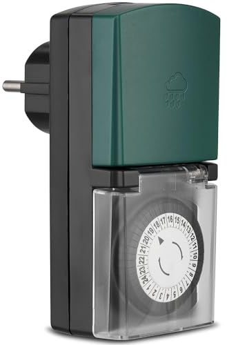 GAO Zeitschaltuhr Aussenbereich EMT450 Mechanische Tageszeitschaltuhr Steckdose Outdoor mit Kindersicherung & Schutzabdeckung, IP44 grün/grau TÜV/GS-Zeichen