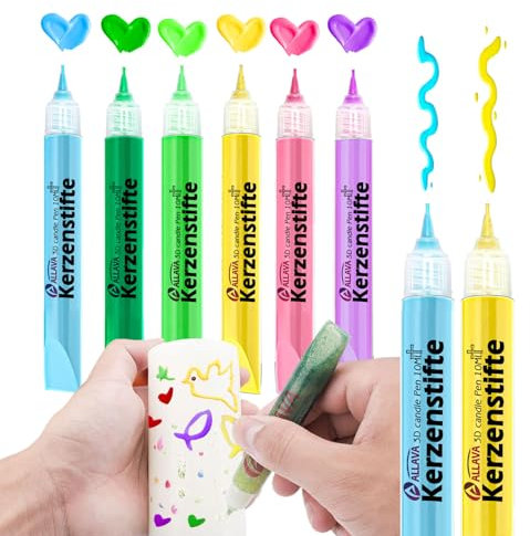 ALLAVA 6 Stück Kerzenstifte, Kerzen Bemalen Set 10ml Wachsstifte für Kerzen, Taufkerze Selber Machen Set, Candle Pen Kerzenfarbe Kerzenpen, Ideal zum Kerzen Dekorieren & Gestalten (Kristallkleber)