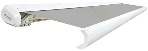 INTELROLL INT500 FULL Cassette Retractable Awning Canopy 5m x 3.5m / 16’5″ x 11’6″ for Garden Patio or Shop Front LED Remote WHITE Frame Silver GREY ACRYLIC 320gsm Fabric