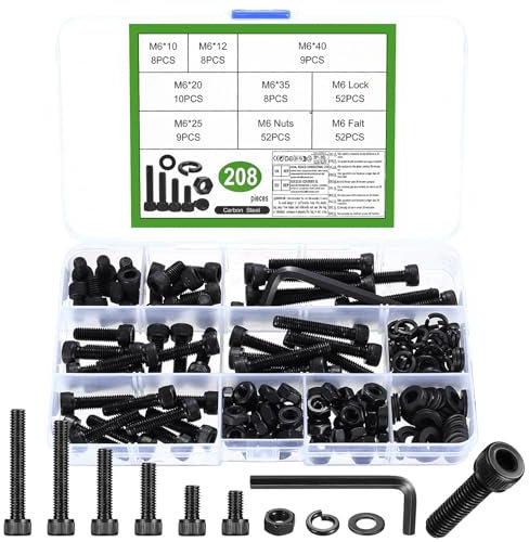 208 PcsTornillo M6, Juego de Tornillos y Tuercas y Arandelas, Tornillos de Cabeza Hueca Hexagonales con Tuercas, Tornillo Allen de Cabeza Redonda Negros para Reparación, con Llave(M6)