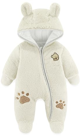 JiAmy Newborn Baby Winter Hooded Romper, Cartoon Zipper Footie Fleece Snowsuit Jumpsuit Outfits White 0-3 Months