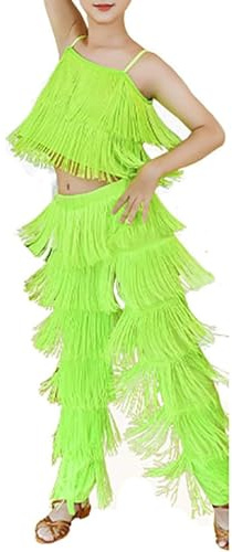 pvucpot 2 Pezzi Abito con Frange,Abiti da Ballo Latino per Bambine,Pantaloni con Nappe Abiti da Pratica,con Nappe a Canotta Set di Costumi,per Esercizi di Salsa di Tango