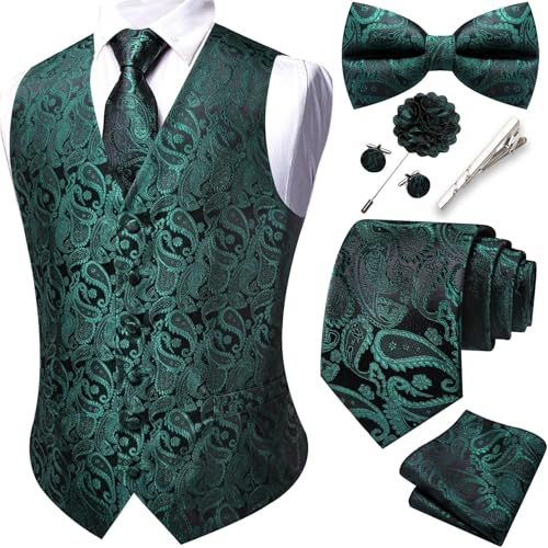 Barry.Wang Gilet da uomo in jacquard con motivo paisley, set completo da smoking formale con cravatta, farfallino, clip, fazzoletto, gemelli, spilla per revers e spilla per bavero, per matrimonio, 8