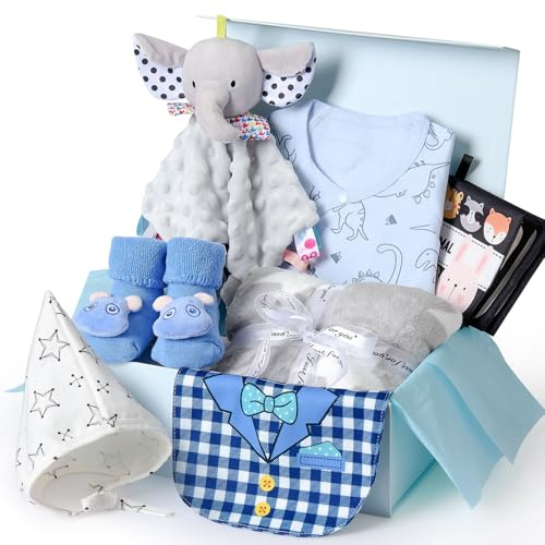 vamei Regalo Bebe Recien Nacido Niño Niña con Mameluco Manta Muñequito de Apego Gorro Babero Calcetines Antideslizantes, Regalo Bebe Cesta Recien Nacido Niño Niña