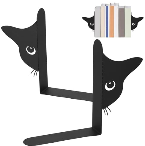 Bokstöd katt svart två stycken dolda metallbokhållare söt kattdesign hållbar stabil kontorsmaterial bokhylla skrivbord böcker dokument tidskrifter organisera