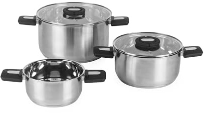 Salter Stackable 3-Piece Stockpot Set – 16/20/24 cm Stack-in Stainless Steel Cooking Pots, Nesting Design, Foldable Soft-Touch Handles, Induction Suitable, Tempered Glass Lids with Steam Vents